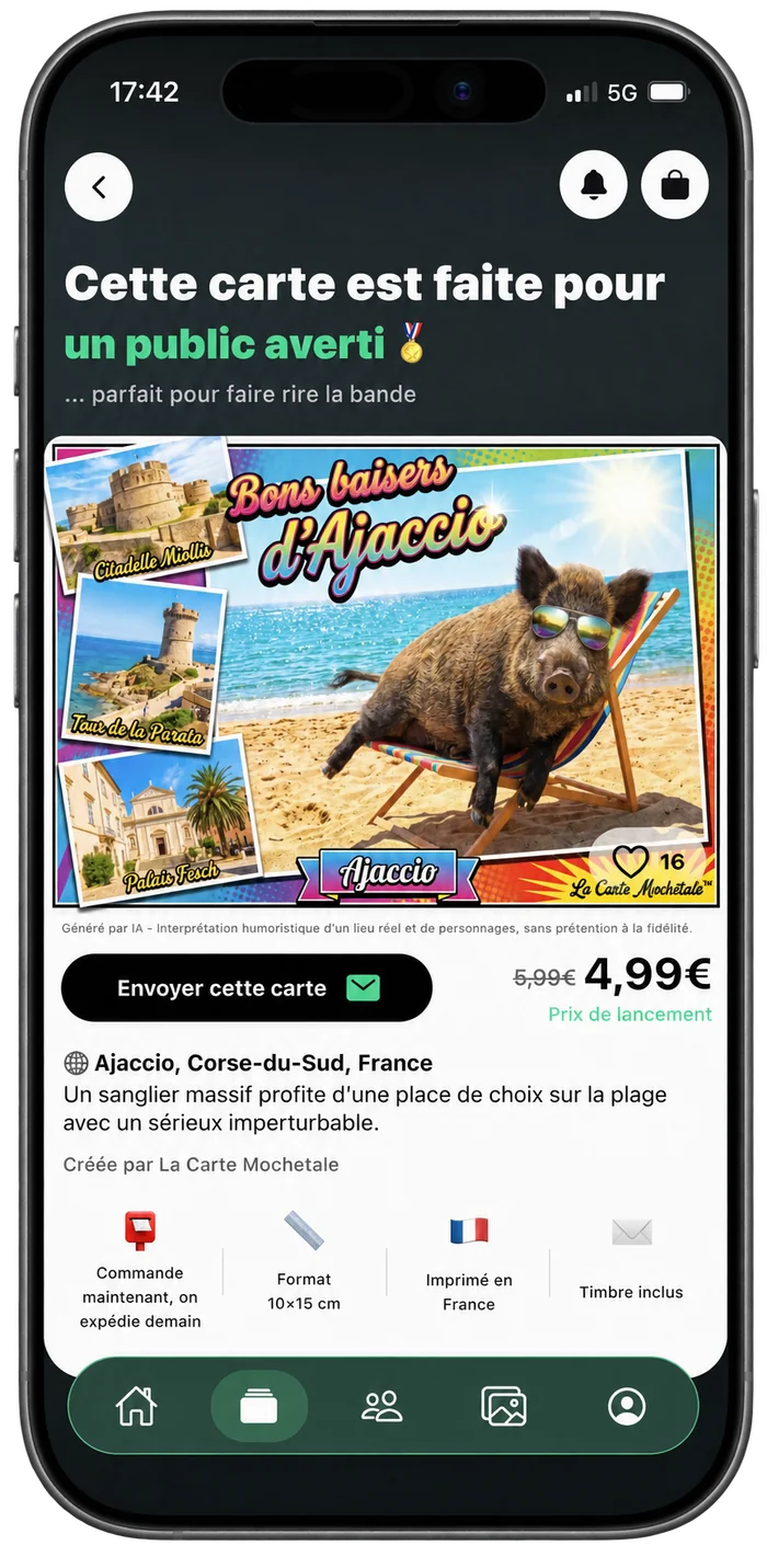 La Carte Mochetale sur iPhone : carte « Bons baisers d’Ajaccio », prête à envoyer