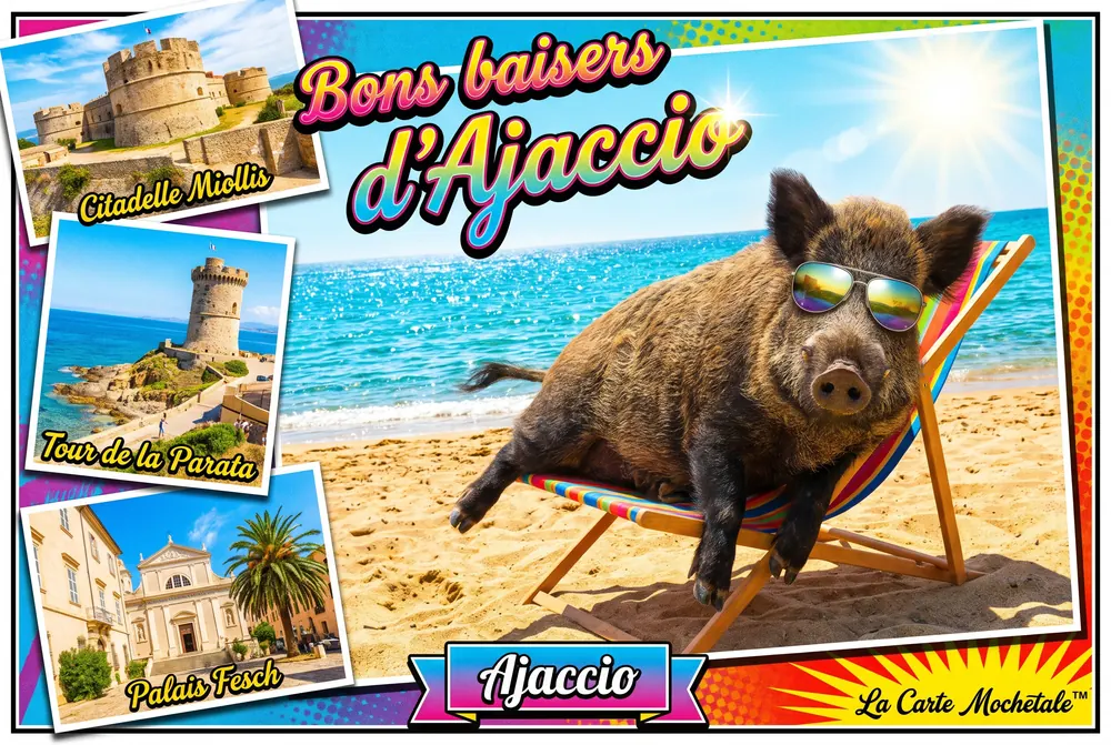 Carte postale Mochetale de Corse : « Bons baisers d’Ajaccio » — un sanglier en lunettes de soleil allongé dans un transat rayé sur la plage, avec la citadelle Miollis, la tour de la Parata et le palais Fesch en vignettes.
